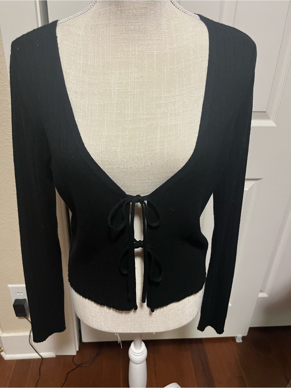No Boundaries Black Tie Front Openwork Knit Cardigan